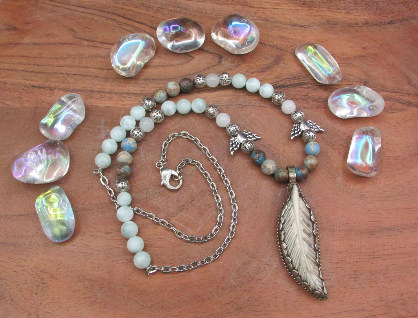 Serene Confidence Crystal Necklace - Green Angelite with Angel Wing Pendant