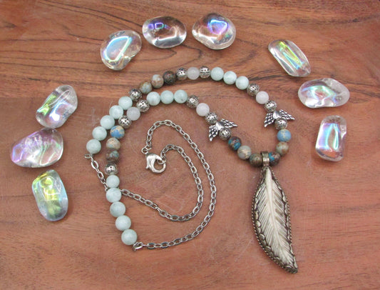 Serene Confidence Crystal Necklace - Green Angelite with Angel Wing Pendant