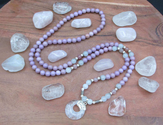 Serenity Mala | Phosphosiderite, Moonstone & Strawberry Quartz Crystal Necklace