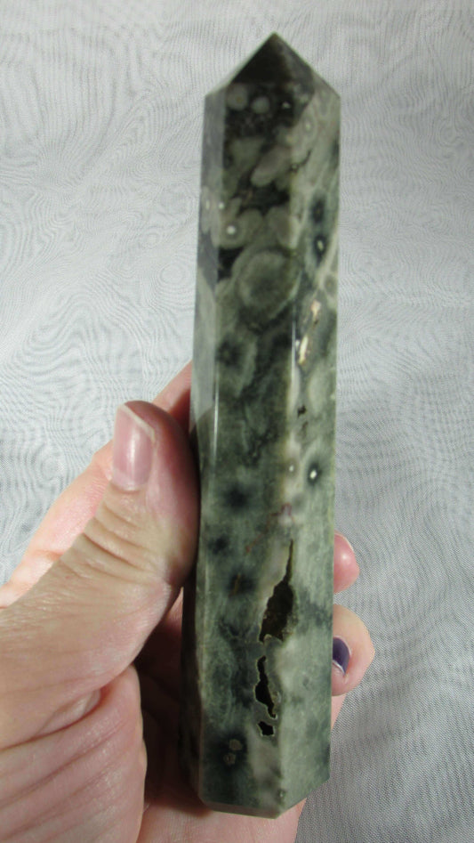 orbicual ocean jasper crystal pillar, crystal wand, obelisk