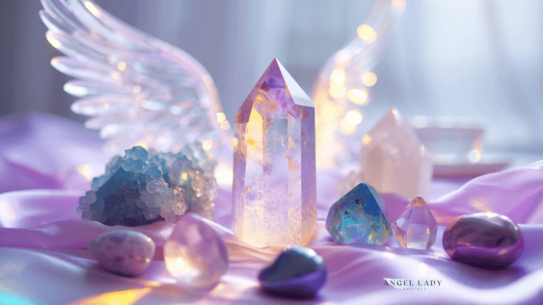 angel wings in the background, quartz obelisk in the center, lavender cloth, crystals
