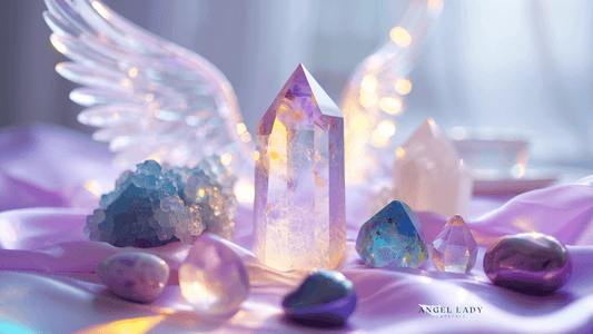 angel wings in the background, quartz obelisk in the center, lavender cloth, crystals