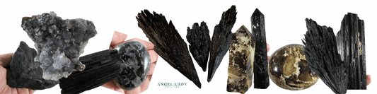 black crystals black kyanite, black tourlmaline, shungite, black opal