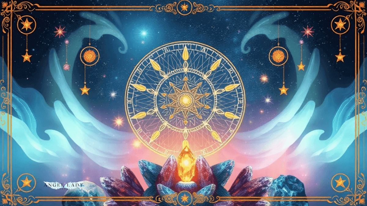 mystical image sacred geometry in the background, crystals, stars and wisps of energy in the bakcground
