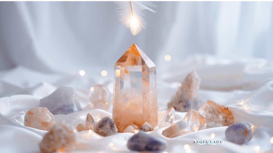 A serene scene featuring a collection of calming crystals (like arranged on a soft cloth, with gentle angel wings or a feather subtly in the background—inviting a sense of peace and divine connection