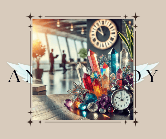 crystals in a business setting on a table with a clock on the wall