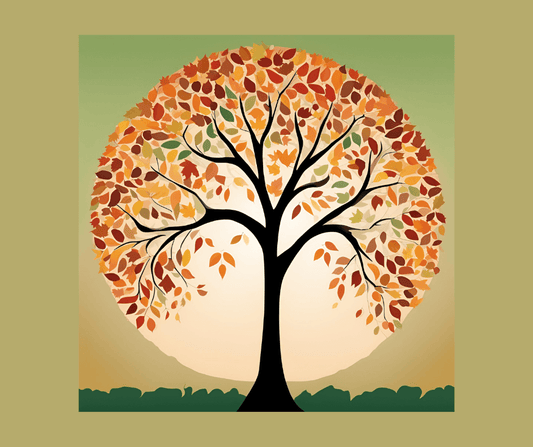 Fall Equinox, simply tree with golden leaves, olive green background