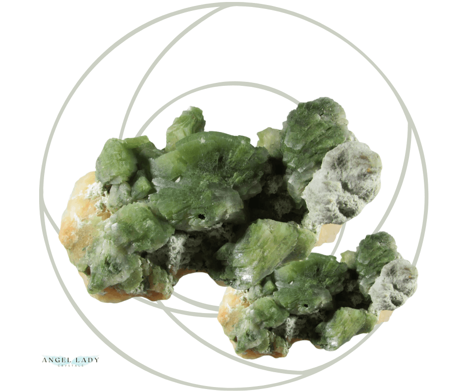 Celadonite in the center, sacred geometry in the background