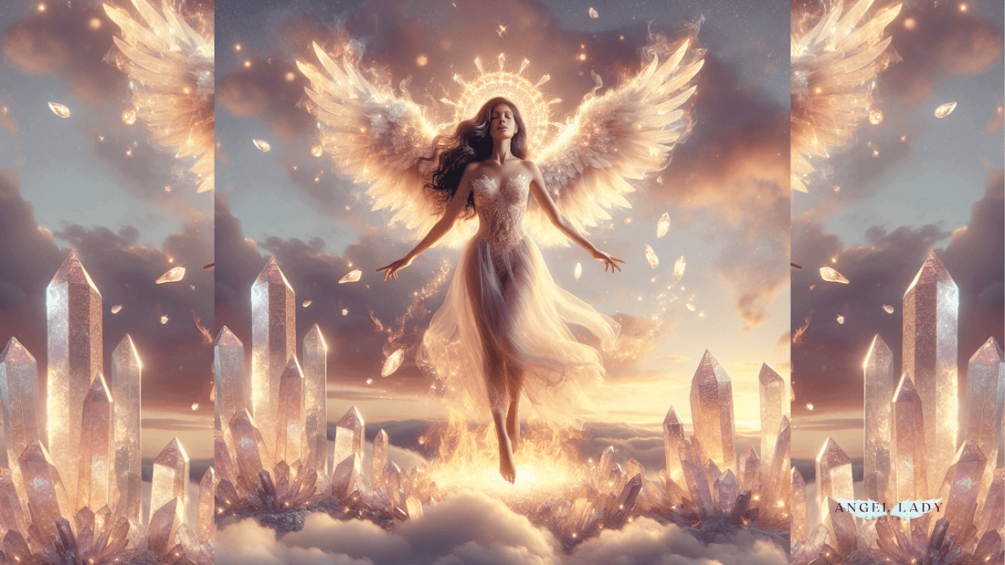 An ethereal image of a woman rising gracefully from soft glowing ashes surrounded by gentle flames 