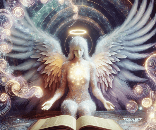 A luminous, gentle angel surrounded by spiraling, glowing words and shimmering light, with soft feathered wings outstretched over an open journal.