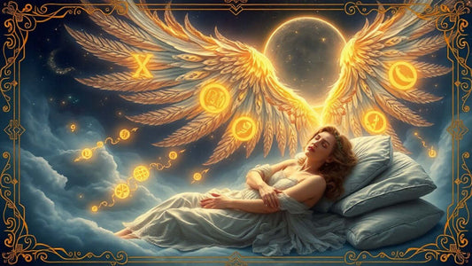 Archangel Raziel with a mystical aura, gently guiding dreams as they manifest into glowing symbols around a peaceful dreamer.