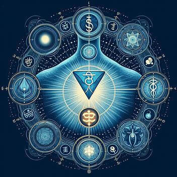 throat chakra, blue background, chakra symbols