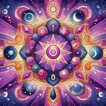 crown chakra crystals, symbols, purple background with moon and stars