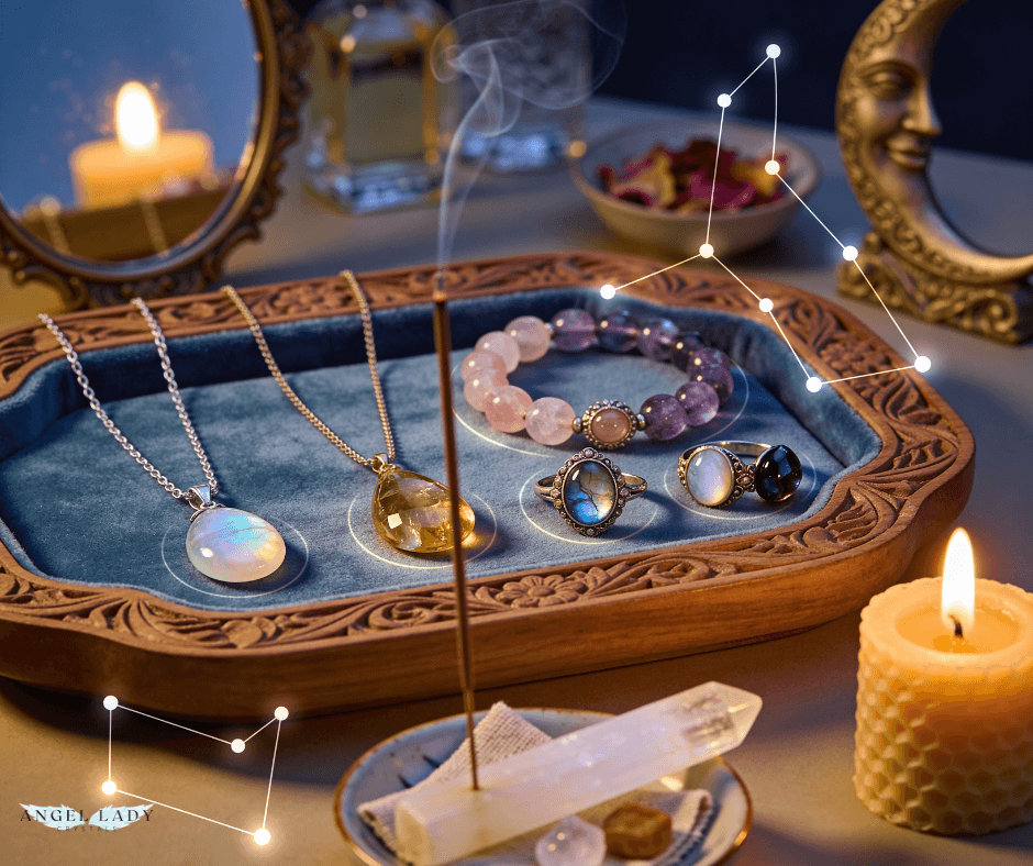 vanity scene at twilight: a carved wooden tray lined with soft indigo velvet holds an array of crystal jewelry; stick of incense smolders in a ceramic dish; glass bottles of perfume