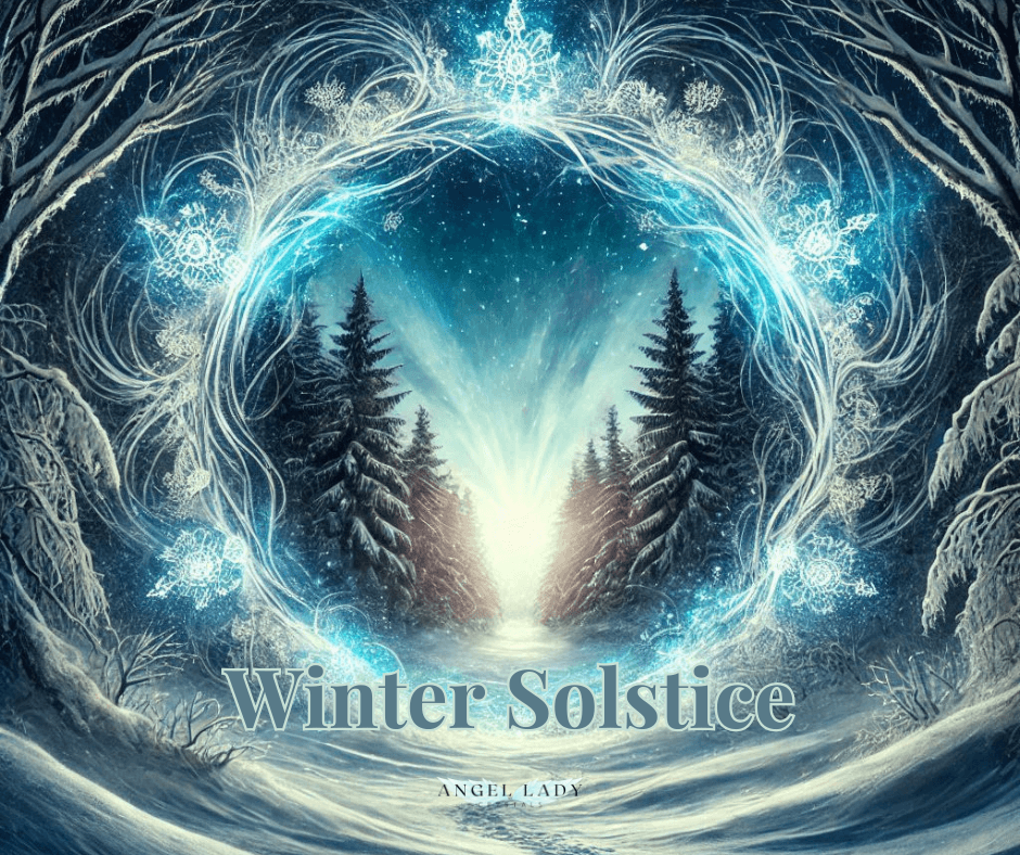 winter solstice energy portal, blues and white, frosty view of evergreen trees through the portal