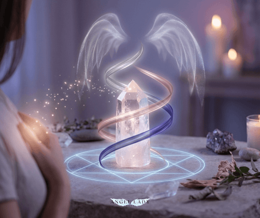  twilight‑hued altar scene, a single, luminous crystal point at the center, Above the crystal, a faint pair of translucent, wing‑like light forms arches protectively, suggesting angelic presence