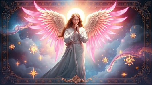 Archangel Chamuel radiating gentle pink light, offering peace and comfort in a mystical, serene setting