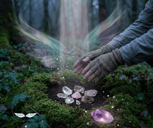 softly lit forest clearing at twilight, a pair of gentle hands hovers over a small patch of mossy earth where several crystal shards, faint pearly light descends from above, subtle wing‑like patterns