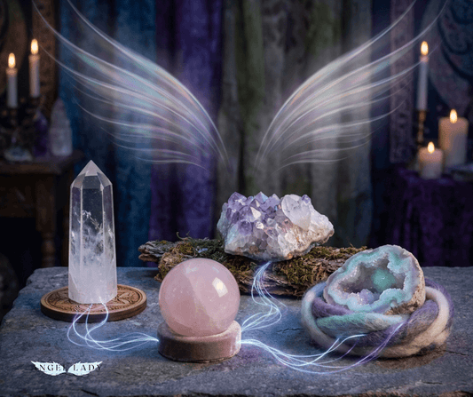  twilight‑lit altar surface showing several crystal shapes together; subtle filaments of light connect them like a soft geometric web. Above and around them, faint, wing‑like arcs of iridescent light 