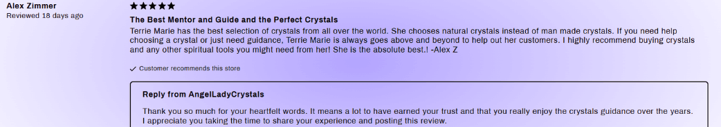 Five‑star customer review praising Terrie Marie as a trusted mentor and guide who hand‑selects natural crystals and goes above and beyond for her clients.