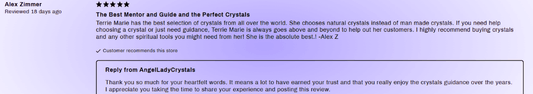 Five‑star customer review praising Terrie Marie as a trusted mentor and guide who hand‑selects natural crystals and goes above and beyond for her clients.