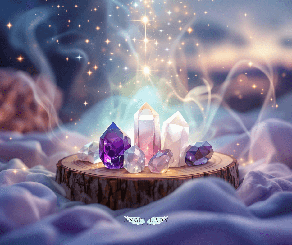 altar at twilight, a carved wooden slab, translucent, iridescent smoke curves around them, blending into faint geometric light patterns that rise like angelic wings