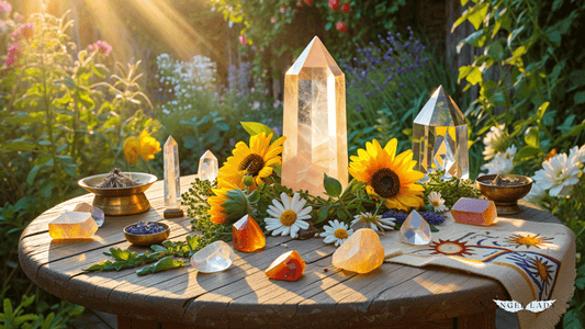 round wooden table with crystals, large quart point in the center, rays of sun in the background and flowers