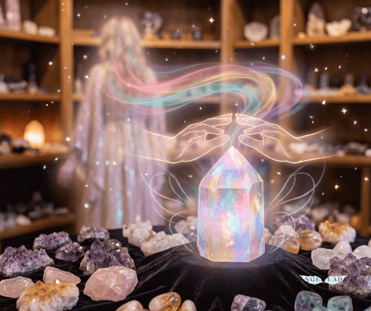 crystal shop: many crystals in different colors and shapes are scattered across a cloth; one luminous, multicolored point shines slightly brighter.