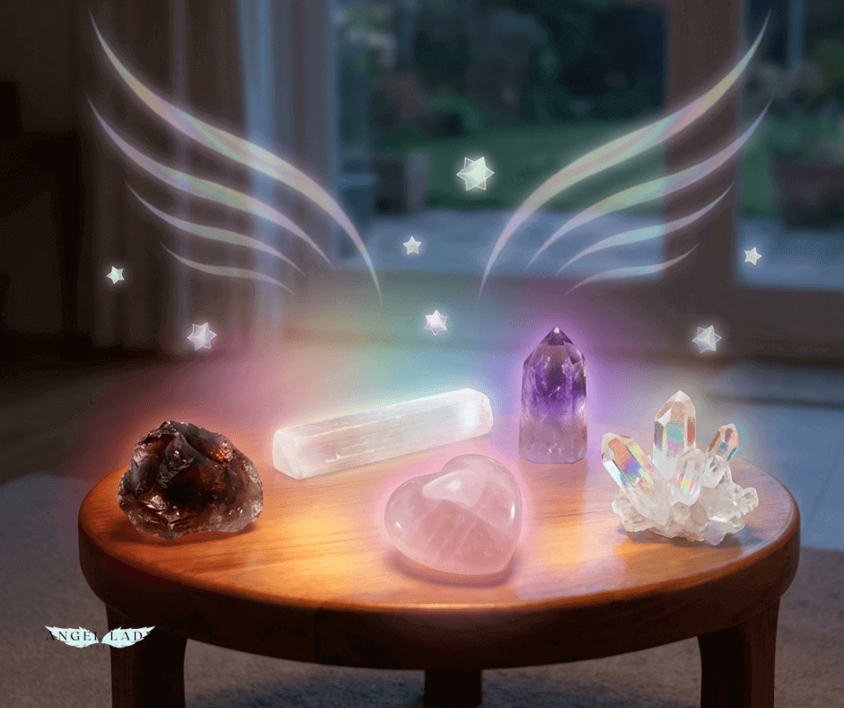 glowing shelf holding a small but intentional group of crystals: a dark grounding stone, a white selenite wand, a soft pink heart stone, a violet point, and a clear quartz cluster;  faint, iridescent, wing‑like arcs of light curve protectively