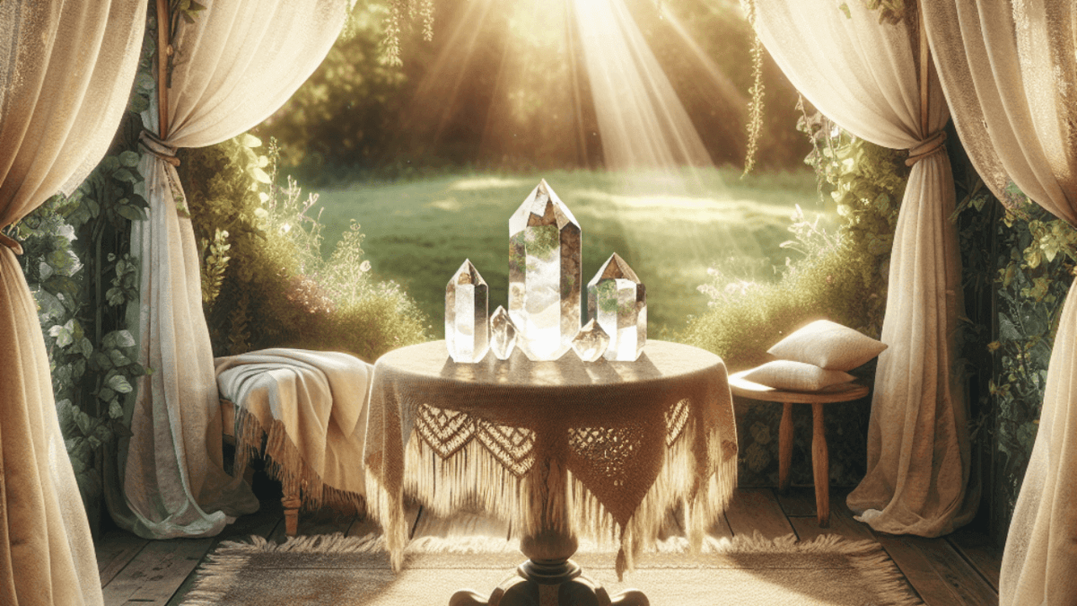 a soft, sunlit alcove with morning light drifting through sheer curtains, illuminating a small table set for quiet reflection. Atop a delicate linen cloth rest three shimmering crystal