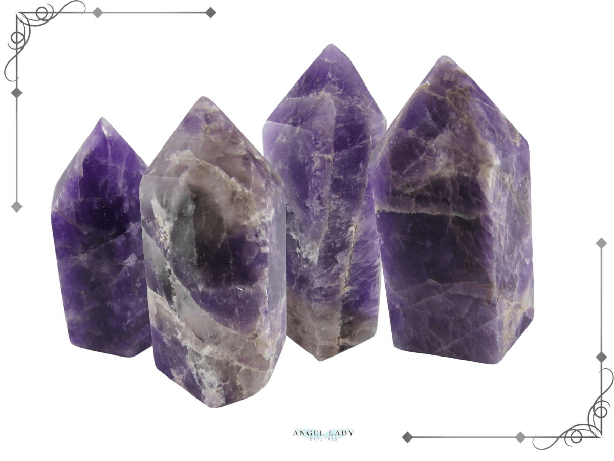 Amethyst Obelisks, whte background, corner borders