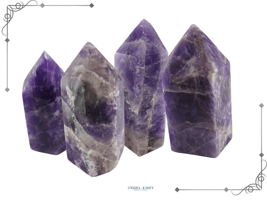 Amethyst Obelisks, whte background, corner borders