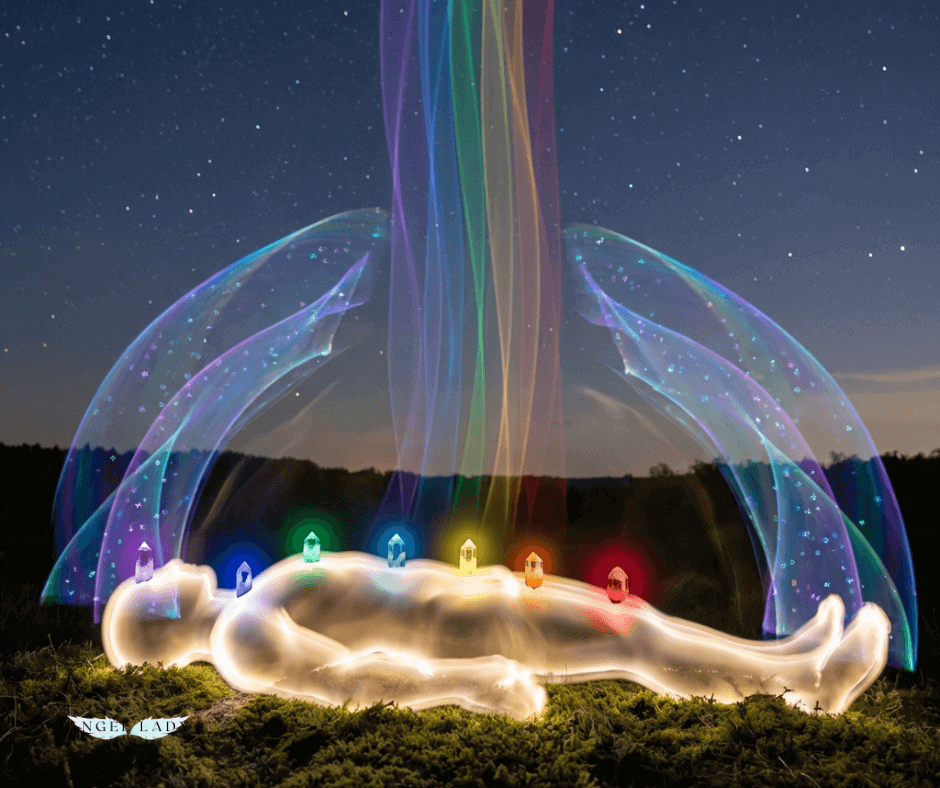 A figure lies in quiet rest, Along the center of the body, seven glowing points of light shine from root to crown, each in its traditional color—deep red, orange, yellow, green, blue, indigo, and violet—with a small crystal shape nestled at each point