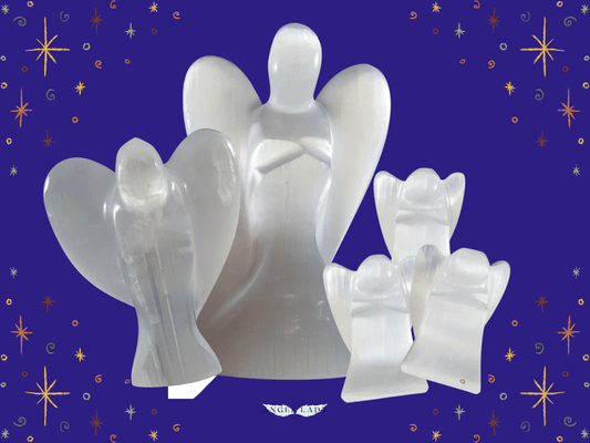 Selenite crystal angel figurines in three sizes, radiating soft white light to support divine guidance, protection and a peaceful sacred space