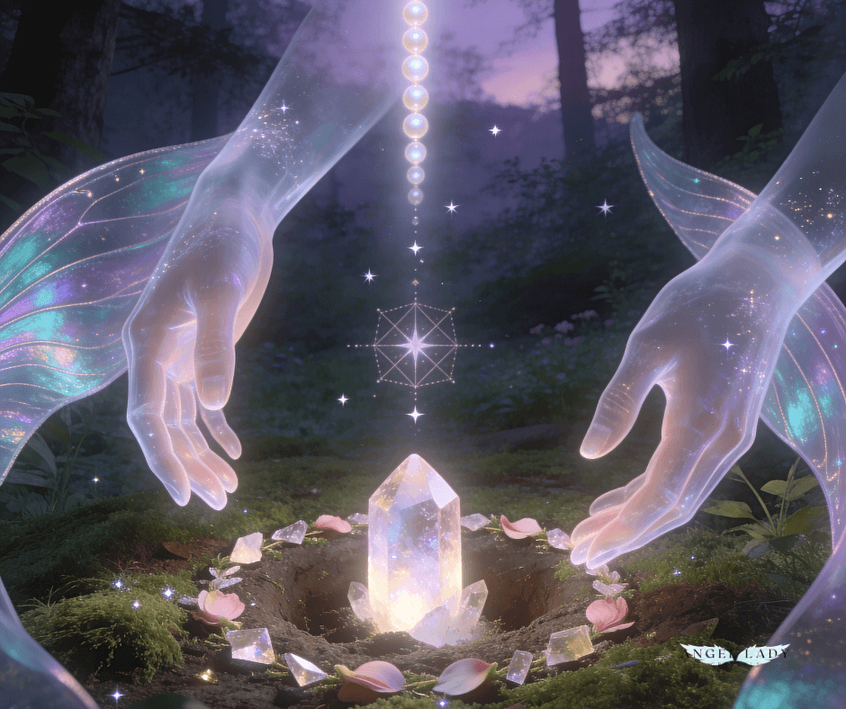 forest clearing, a pair of luminous, semi‑transparent hands gently lowers a softly glowing crystal into a shallow hollow of mossy earth; A column of pearly light descends from above