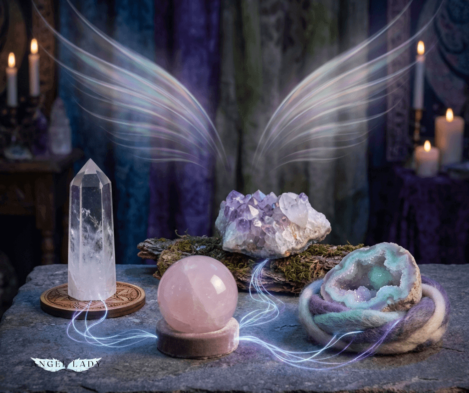  twilight‑lit altar surface showing several crystal shapes together; subtle filaments of light connect them like a soft geometric web. Above and around them, faint, wing‑like arcs of iridescent light 