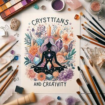 crystals for creativity, arits brushes, paints, color pencils and seated figure in the center