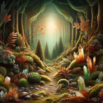 crysals for grounding, crystals along a pathway n the forest