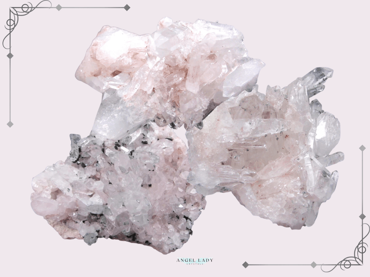Pink Lithium Quartz Clusters, soft pink background, corner borders