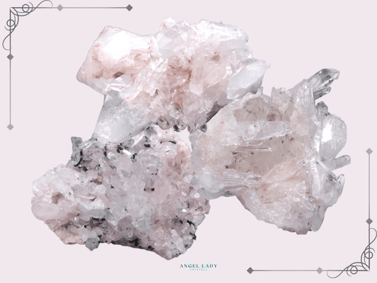Pink Lithium Quartz Clusters, soft pink background, corner borders