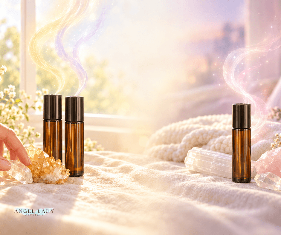 essential oil vials, soft morning light on the left, evening image on the right