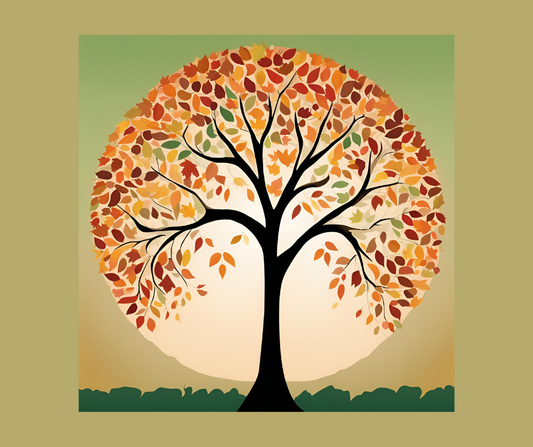 Fall Equinox, simply tree with golden leaves, olive green background