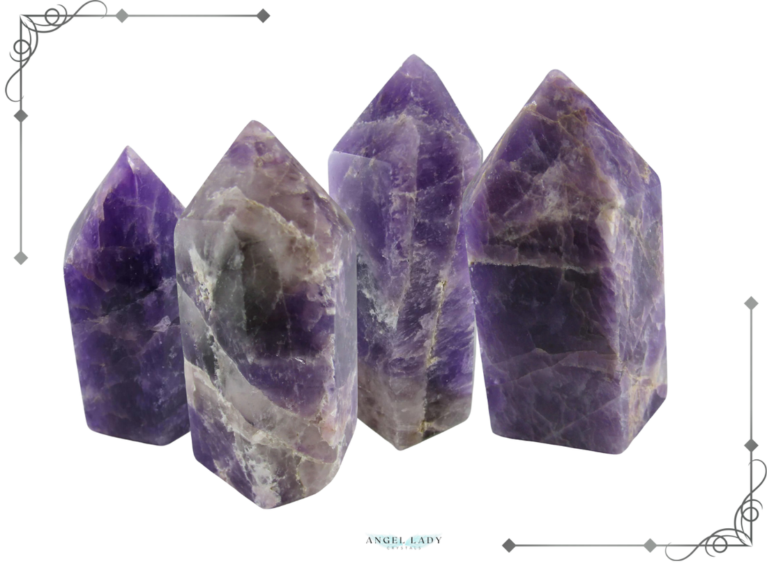 Amethyst Obelisks, whte background, corner borders