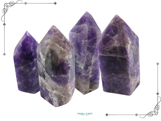Amethyst Obelisks, whte background, corner borders