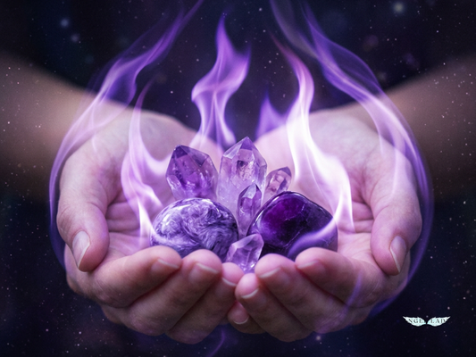 a pair of gently cupped hands, holding a small cluster of luminous violet and purple crystals, Above the crystals, include tiny drifting motes of golden and silver light