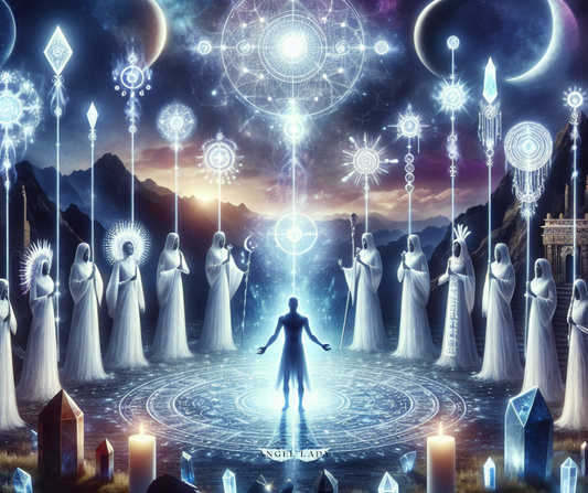 A twilight landscape where a luminous figure stands at the center of a crystal‑lined circle, surrounded by tall, radiant beings holding staffs of light