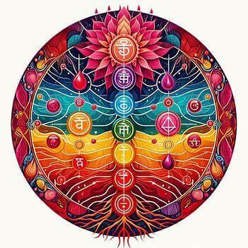 circular image, root chakra reds, symbols