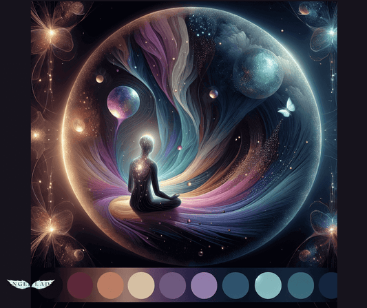  circular “energy field” surrounds a seated figure with eyes closed; circle sit six vibrant crystals each sending a gentle beam of color into the field