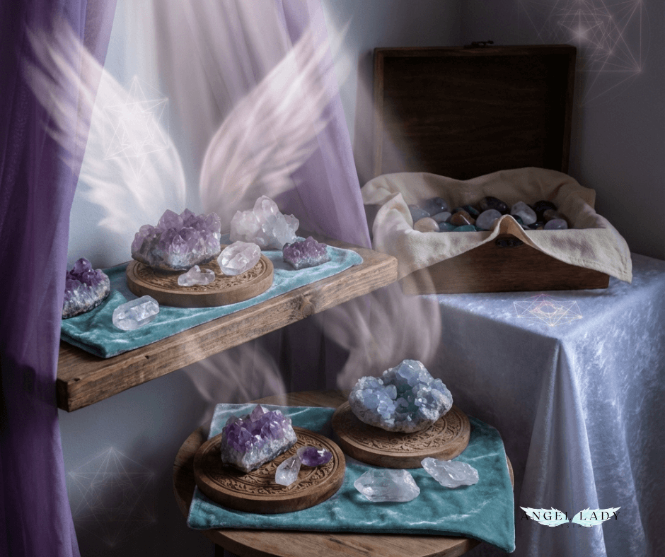 softly lit corner altar in twilight, several crystals of varying sizes are arranged on a wooden shelf and a small round table, streams of pearly light flow down from above, subtle wing‑like patterns, angelic guardians