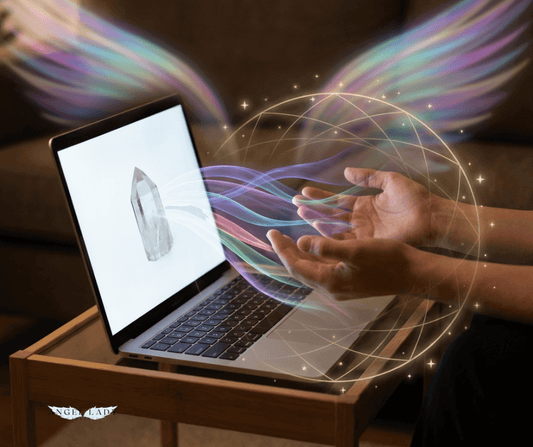 softly glowing laptop screen sits on a small table, displaying a single radiant crystal; multicolored streams of light—amethyst, aqua, rose‑gold, and soft green—flow out of the screen toward a pair of outstretched hands hovering just above the keyboard.